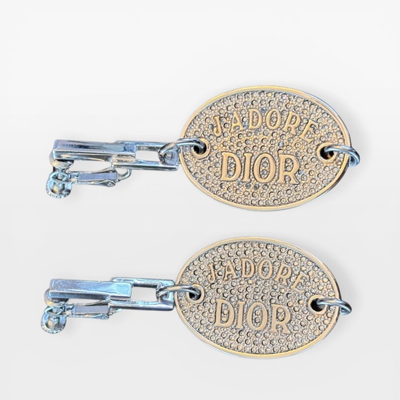 Dior Vintage Crystal J'Adore Oval Tag Drop Earrings with rhinestones - Picture 5 of 9